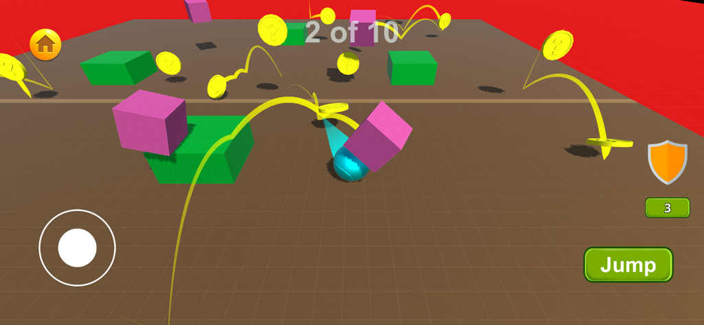 Mass Bounce Dollen gameplay showing a cyan ball collecting yellow coins