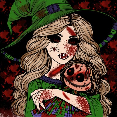 realistic beautiful witch halloween holding spooky doll