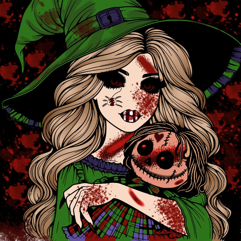 realistic beautiful witch halloween holding spooky doll