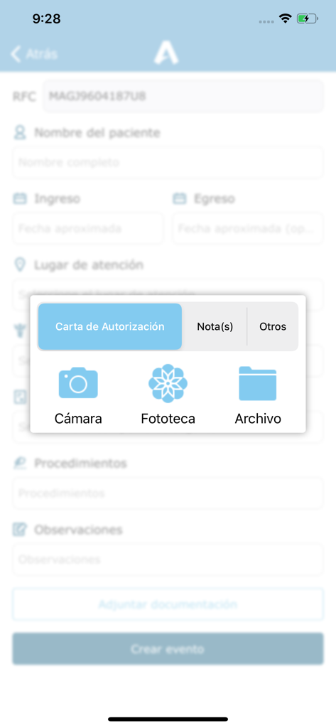 Document upload interface for authorization letters in the Aliquam medical billing app showing camera and file options.