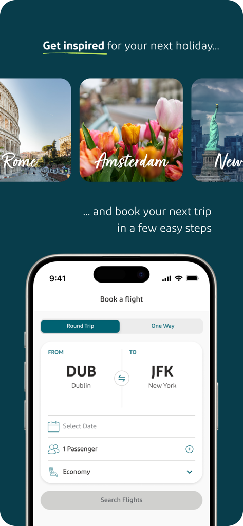 Aer Lingus app interface showing flight search from Dublin to New York and travel inspiration images