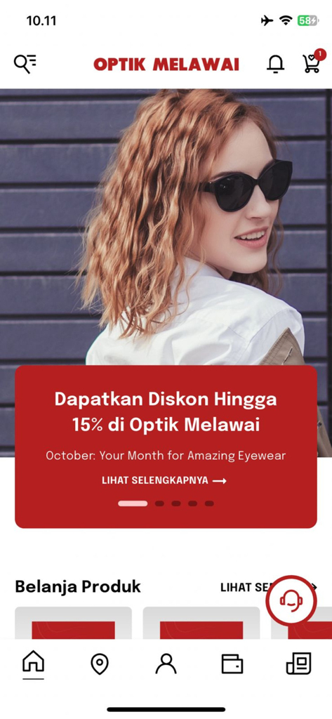 Optik Melawai - Tela inicial do aplicativo Optik Melawai com um banner de 15 por cento de desconto e menu de navegação