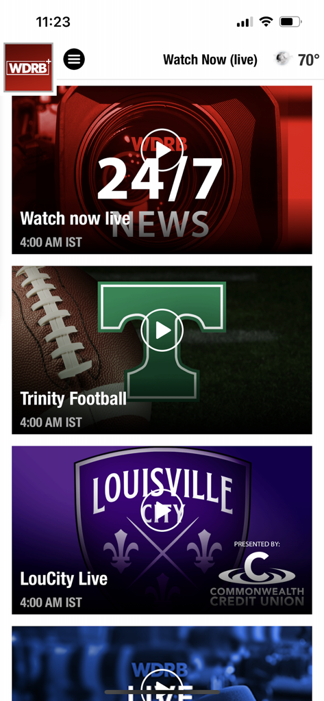 WDRB+ - WDRB plus app interface showing live streaming options for 24/7 news, Trinity football, and Louisville City soccer.