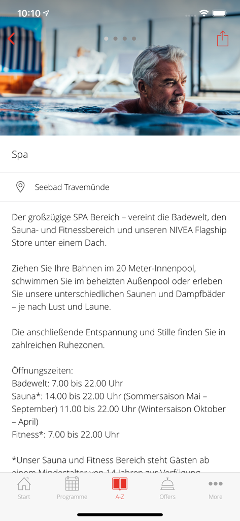 aja Resorts - Tela do aplicativo móvel exibindo instalações de spa, informações da piscina e horários de funcionamento do aja Resort Seebad Travemunde