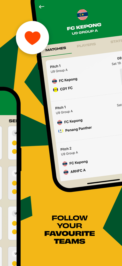 Maxim Cup - Maxim Cup app interface showing match fixtures for FC Kepong and the option to follow favorite teams.