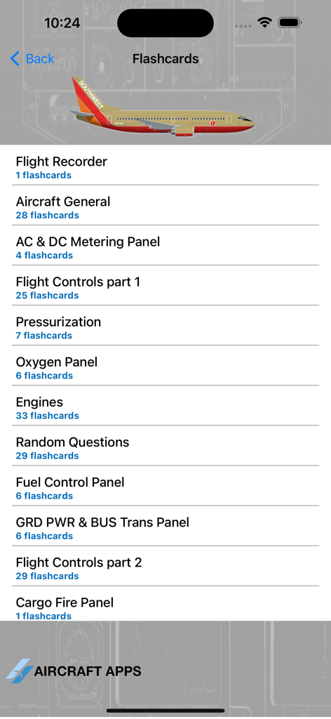 iBOEING B-737 Aircraft Apps - A list of aviation flashcard categories for the Boeing 737 systems in the iBOEING aircraft app
