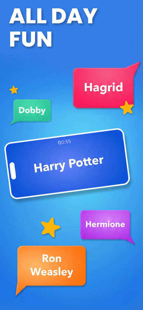 Guess Who: Charades & Trivia - Una interfaz de juego de fiesta que muestra nombres de personajes de Harry Potter en burbujas coloridas para un desafío de charadas.