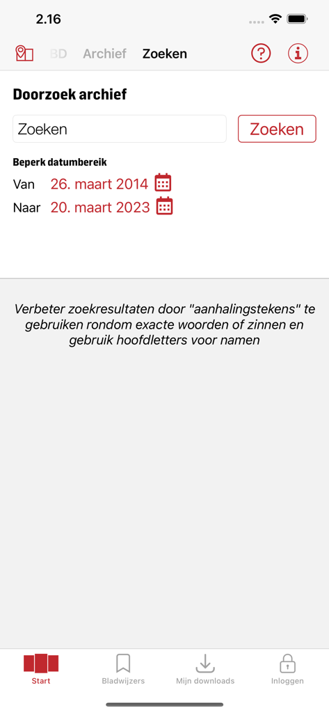 BD - Digitale krant - Archive search interface in the BD Digitale krant app featuring search field and date range filters