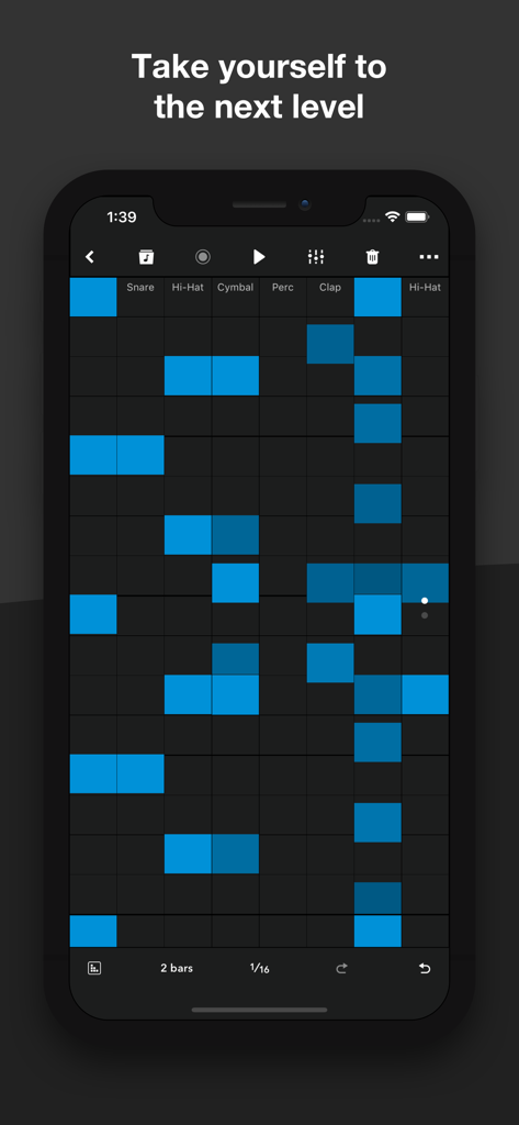 Drum sequencer grid interface in Reason Compact app for creating music beats