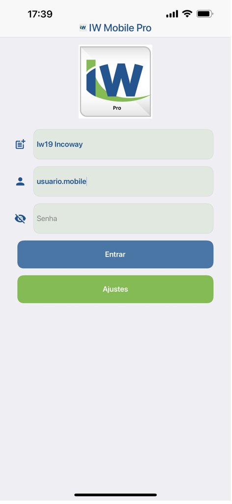 IW-Mobile Pro - Login screen of the IW-Mobile Pro medical application showing username and password input fields and an enter button