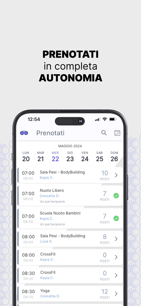 MooPlan - MooPlan mobile app interface showing a weekly fitness class booking schedule