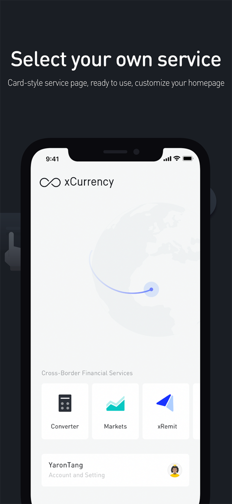xCurrency app interface showing currency converter markets and remittance service options