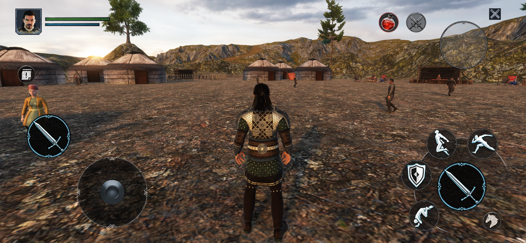 Alparslan: Warlord RPG Game - Vista en tercera persona de un personaje en un campamento histórico selyúcida con yurtas en el juego Alparslan RPG.