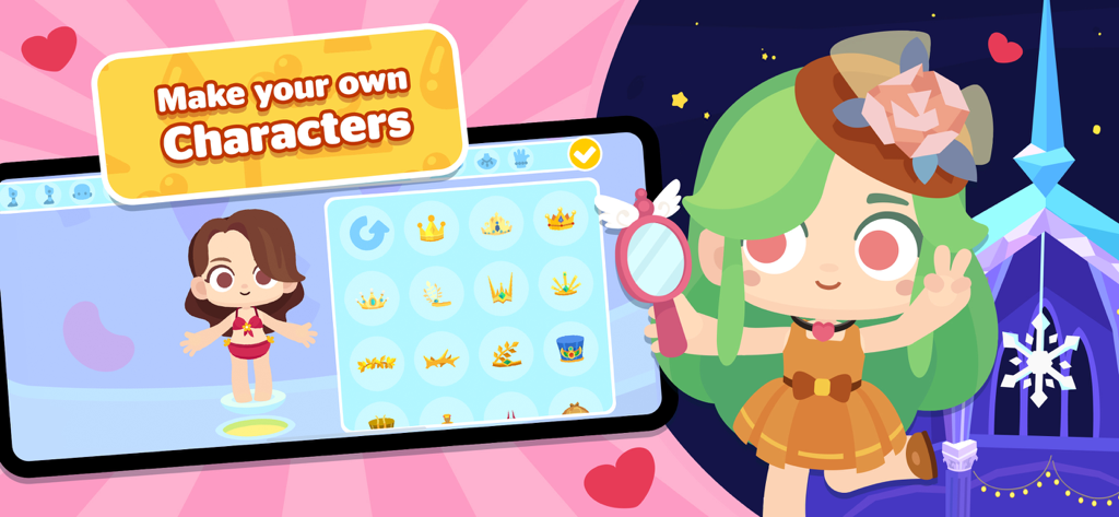 Character customization interface in Dr. Panda Town Tales app showing accessories and a stylized avatar.