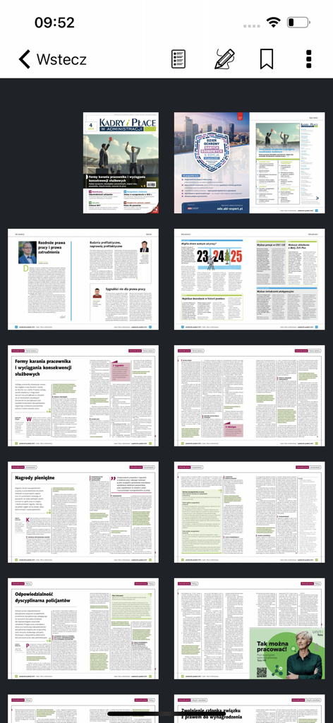 A grid layout of professional magazine pages about HR and payroll administration in Poland
