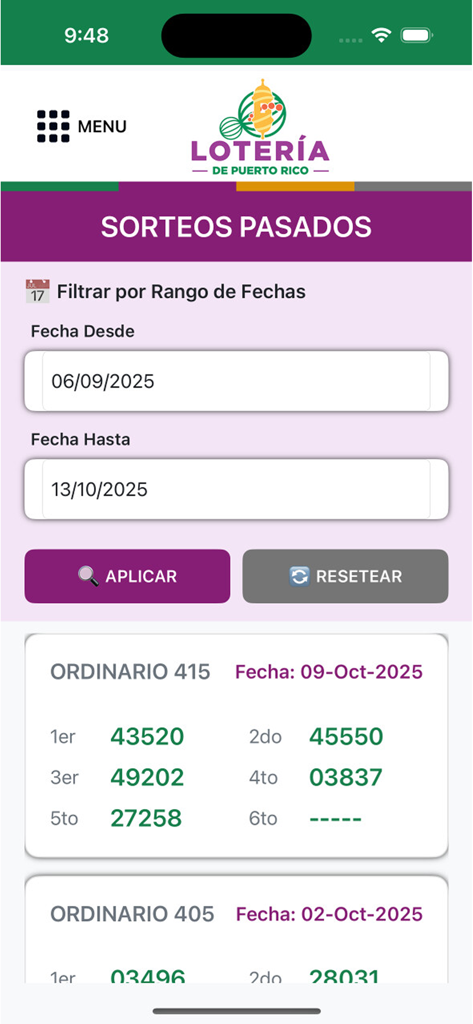 Lotería de Puerto Rico - Pantalla de la aplicación Loteria de Puerto Rico mostrando resultados de sorteos pasados con un filtro de rango de fechas