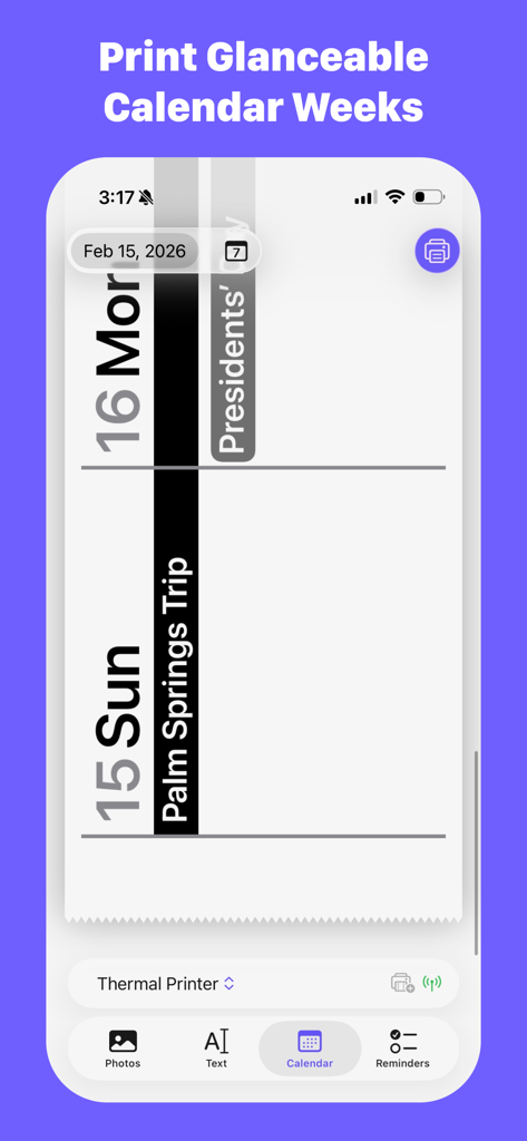 QuickPrint - Thermal Printing - Interfaz de la aplicación QuickPrint mostrando una vista previa de la semana del calendario lista para impresión térmica.