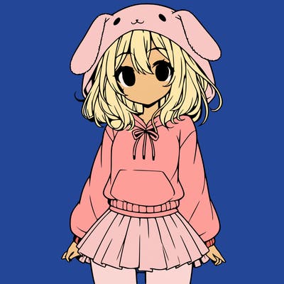 pretty anime girl wearing a fluffy hoodie with bunny ears on the hood and a skirt