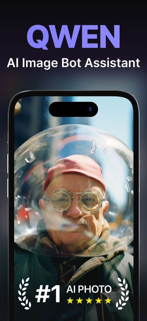 Qwen KI-Bild-Bot-Assistent App-Oberfläche, die ein kreatives, KI-generiertes Porträt eines Mannes in einer Glasblase zeigt.