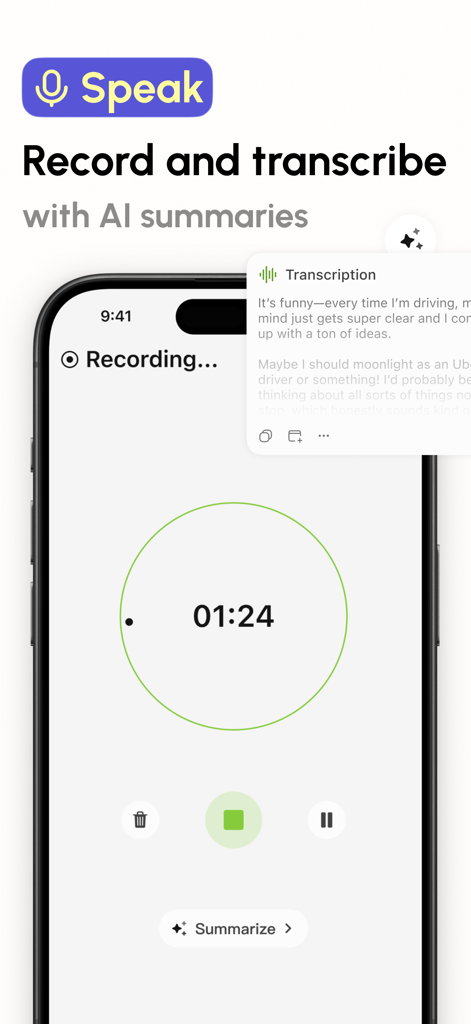 Sparky - Planner and Journal - Sparky app interface showing voice recording and real-time AI transcription with a summarize option