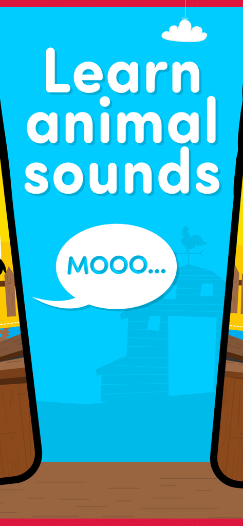 Educational app screen featuring the text Learn animal sounds and a speech bubble with the word Mooo against a blue background with a barn silhouette