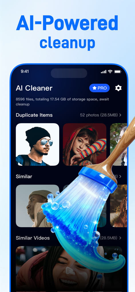 AI Cleaner Optimize Storage - AI Cleaner mobile app interface showing duplicate photo cleanup and storage optimization with a digital paintbrush graphic
