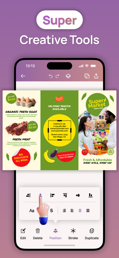 Brochure Maker : Catalog Maker - Mobile app interface displaying tools to design a tri-fold brochure for a supermarket
