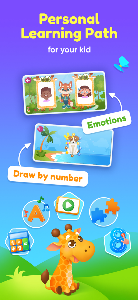 Pre-k Preschool Learning Games - Binky Preschool Academy app interface showing personal learning path with emotions and draw by number activities