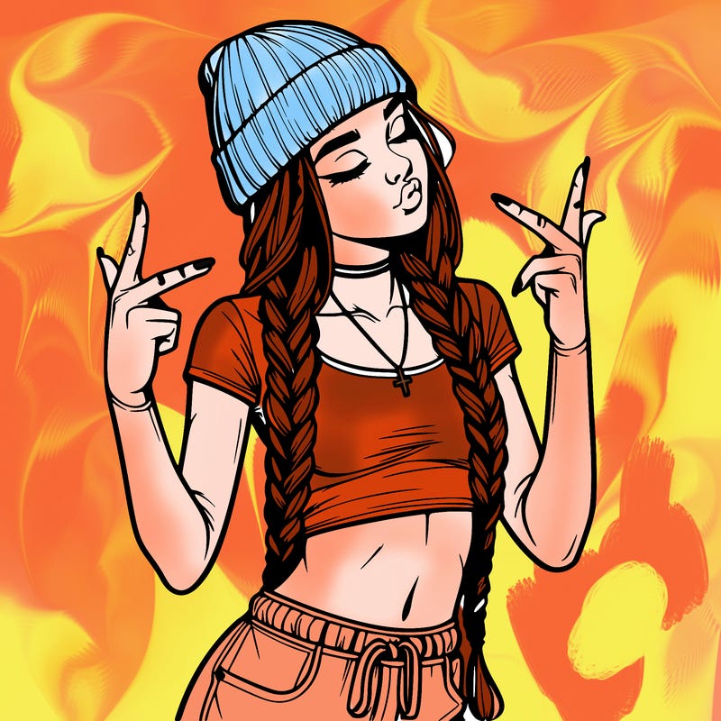 realistic teenage girl with braids and a beanie and crop top doing 🫶🏼