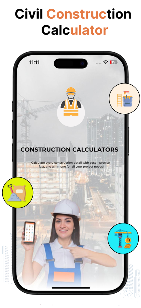 Construction Calc - Civil Calc - Eine Frau mit Schutzhelm und Overall zeigt auf die Construction Calc App auf einem Smartphone-Bildschirm.