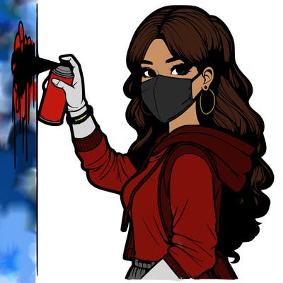 realistic girl with mask spray painting a wall