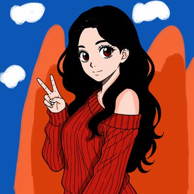a girl with long hair. make only from her waist up showing and she is wearing g a sweater the is half off her shoulder. she needs to hold one peace sign. make her have no mouth, only have eyes. make her whole body facing the camera. and no black hair.