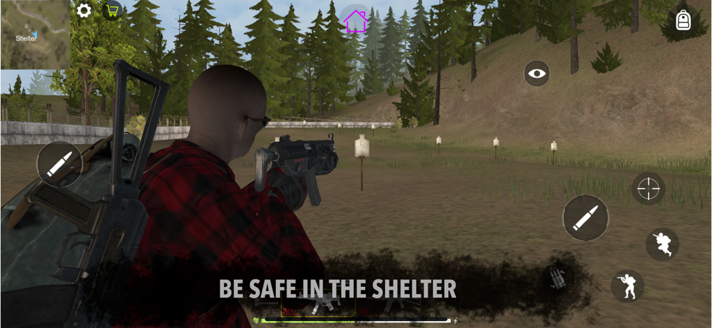 VORAZ - Zombie survival - Visão em terceira pessoa de um personagem mirando um rifle em um estande de tiro no jogo de sobrevivência zumbi VORAZ