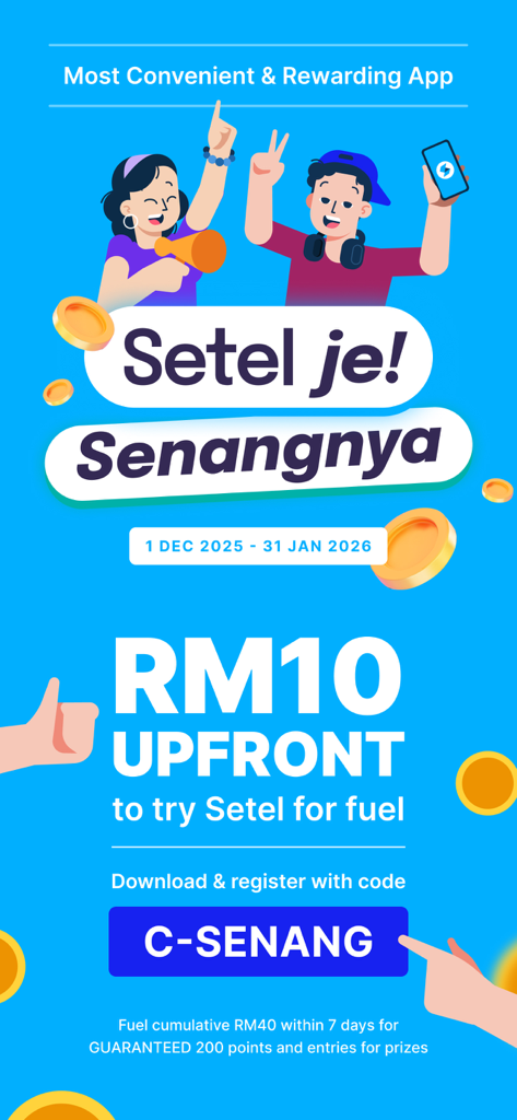 Setel app promotional banner offering a ten ringgit fuel reward