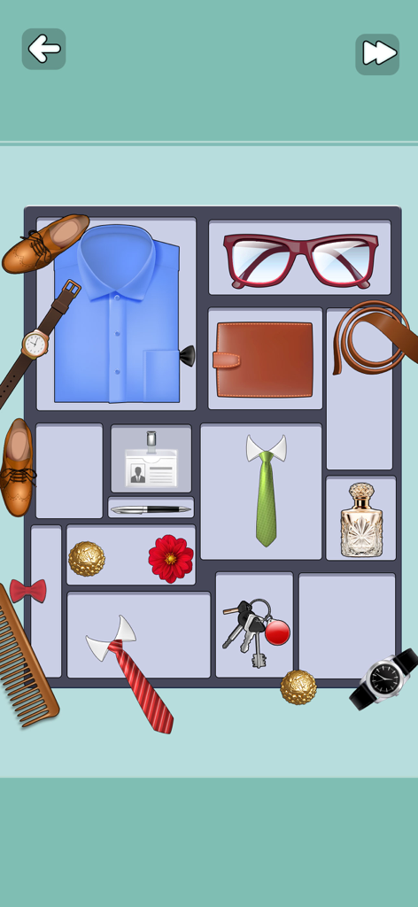 Satisjoy: Organize Tidy Puzzle - Un nivel de puzzle satisfactorio en Satisjoy donde los jugadores organizan accesorios de moda para hombres y objetos en una bandeja dividida.
