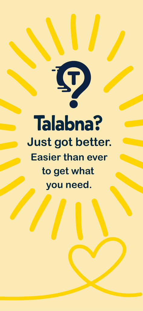 Welcome screen for Talabna delivery app with logo and tagline about getting what you need easier than ever