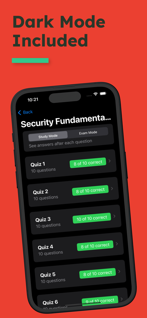CCNA 200-301 app interface in dark mode showing a list of security fundamentals quizzes with progress scores