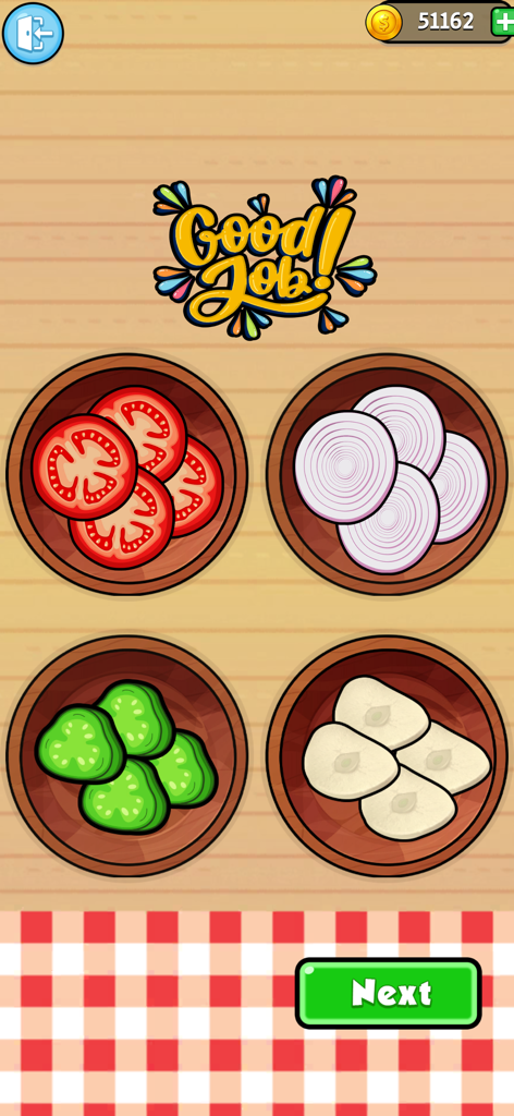 Four bowls containing sliced tomatoes onions cucumbers and mushrooms in a kids cooking game screen