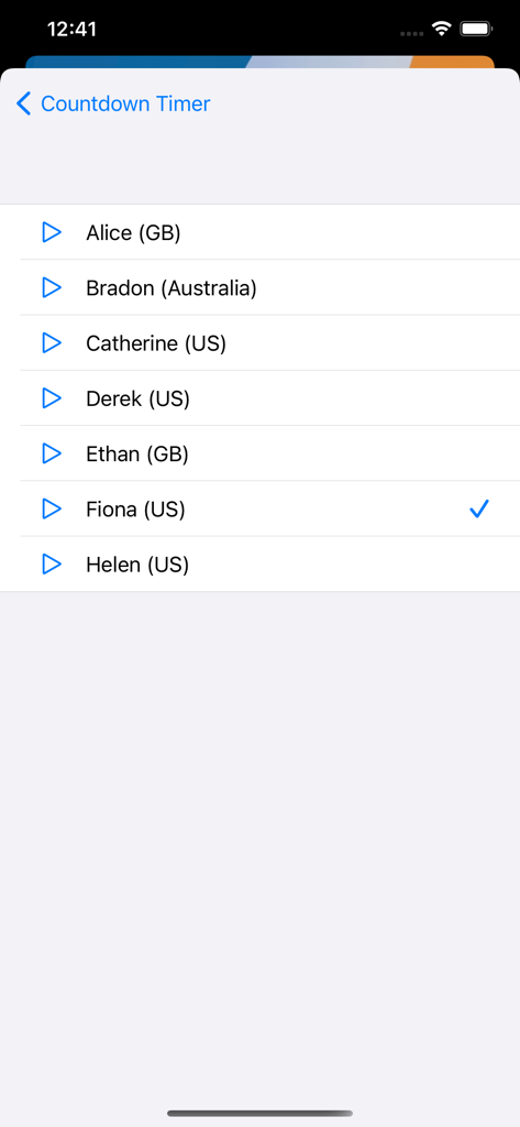 VoyTimer: Talking Voice Timer - Una lista de opciones de voz de alta calidad para notificaciones de temporizador en la aplicación VoyTimer, incluidos acentos de EE. UU., Reino Unido y Australia.