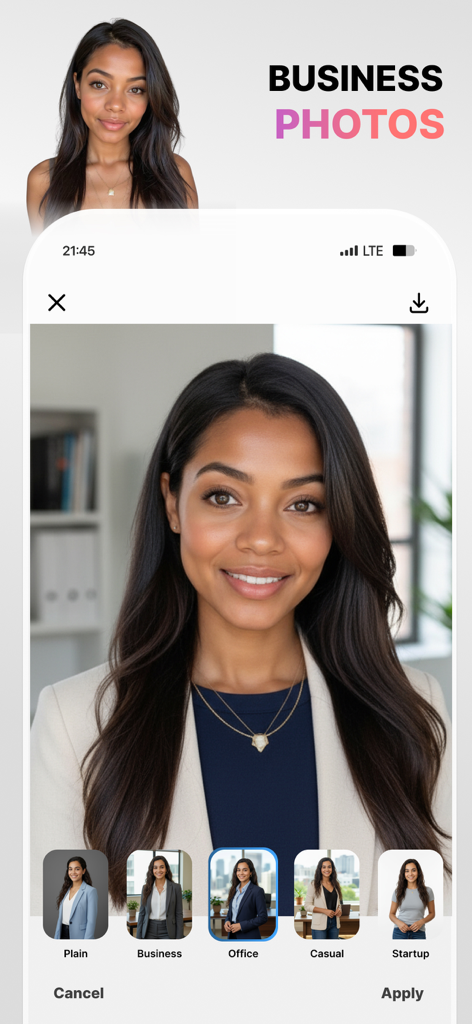 Interface do aplicativo Visio mostrando a foto de uma mulher sendo transformada em retratos profissionais de negócios com diferentes fundos de escritório e opções de vestuário.