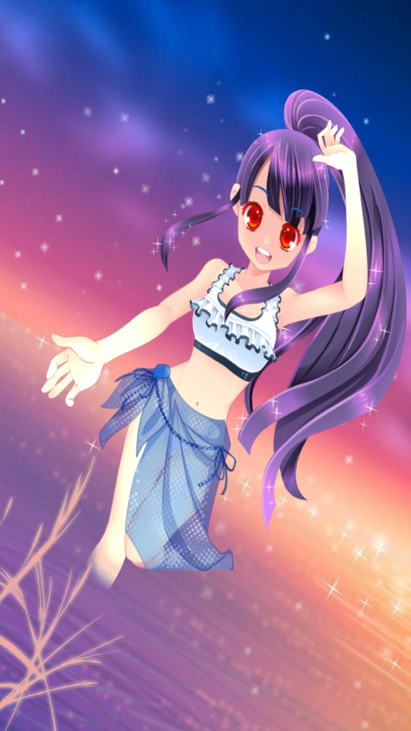 Pocket Girls Game - Ragazza anime con coda di cavallo viola e pareo blu nel gioco Pocket Girls
