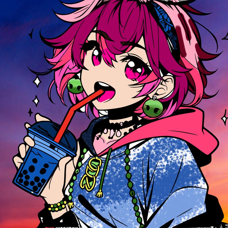 hot baddie anime girl drinking boba and biting the straw