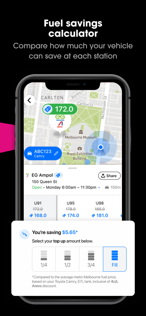 Arevo: VIC Journey Planner - Arevo app interface displaying the fuel savings calculator and local petrol station prices on a map