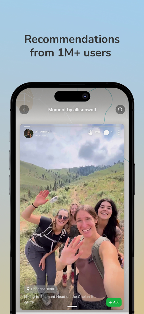 Steller app interface showing hiking recommendations from a community of travelers