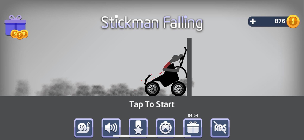 Main menu of Stickman Falling game showing a stickman in a vehicle crashing into a wall