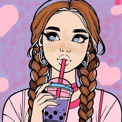 realistic girl with braided hair drinking boba