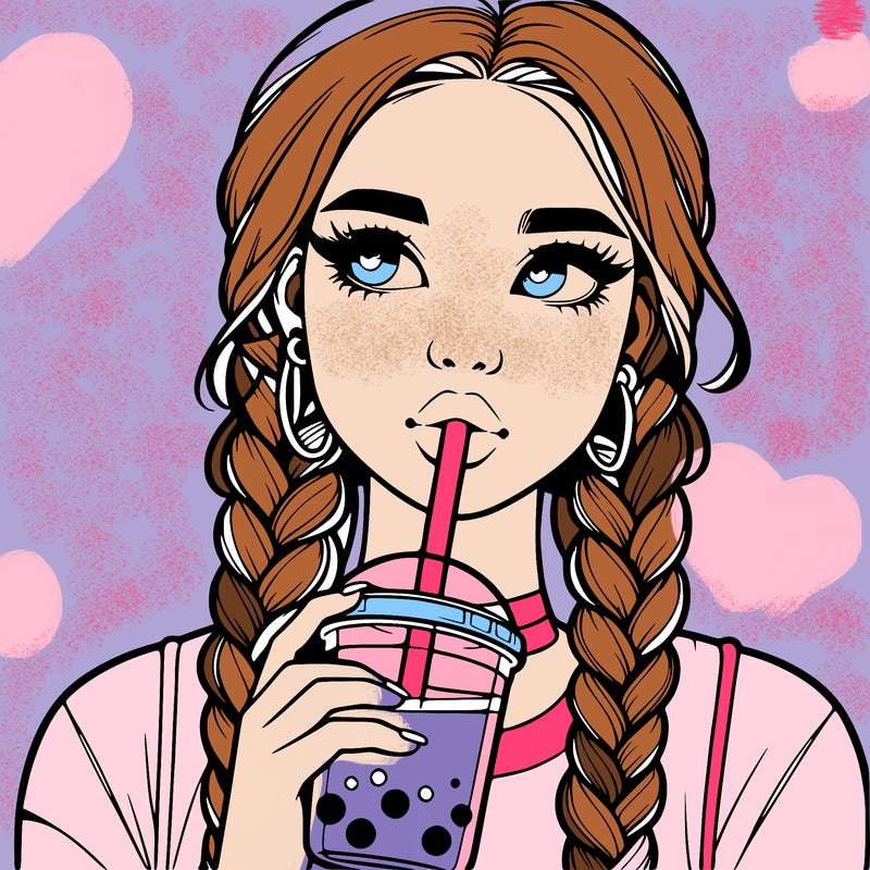 realistic girl with braided hair drinking boba