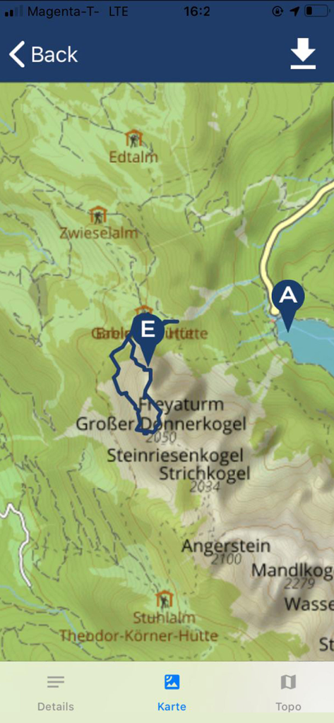 Alpinverlag Touren-App - Mapa topográfico que muestra un track GPS de montañismo y picos de montaña en la Alpinverlag Touren-App