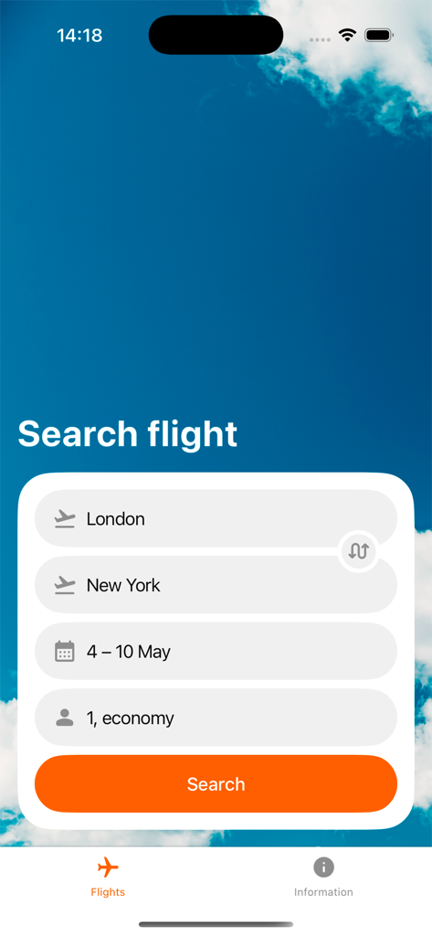 Mobile app interface for searching cheap flights with fields for origin, destination, dates, and number of passengers