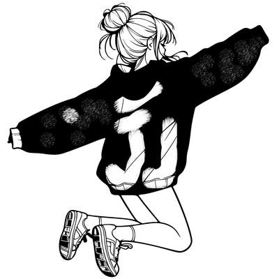 realistic girl jumping with a bun and oversized sweatshirt